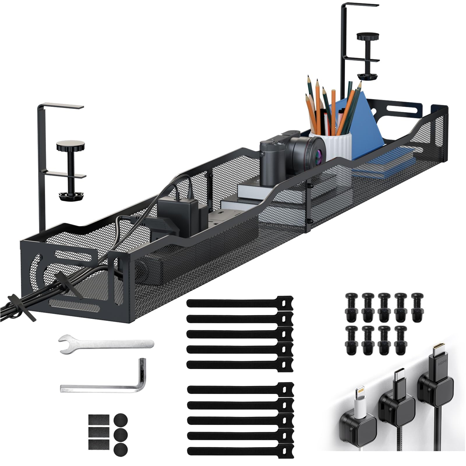 Mozawa 配線隠し ケーブルトレー デスク 収納 幅64cm コード収納 デスク周り 穴あけ不要・工具不要・簡単設置 机下 収納 ケーブルオーガナイザー スチール製 日本語説明書付き (ブラック)